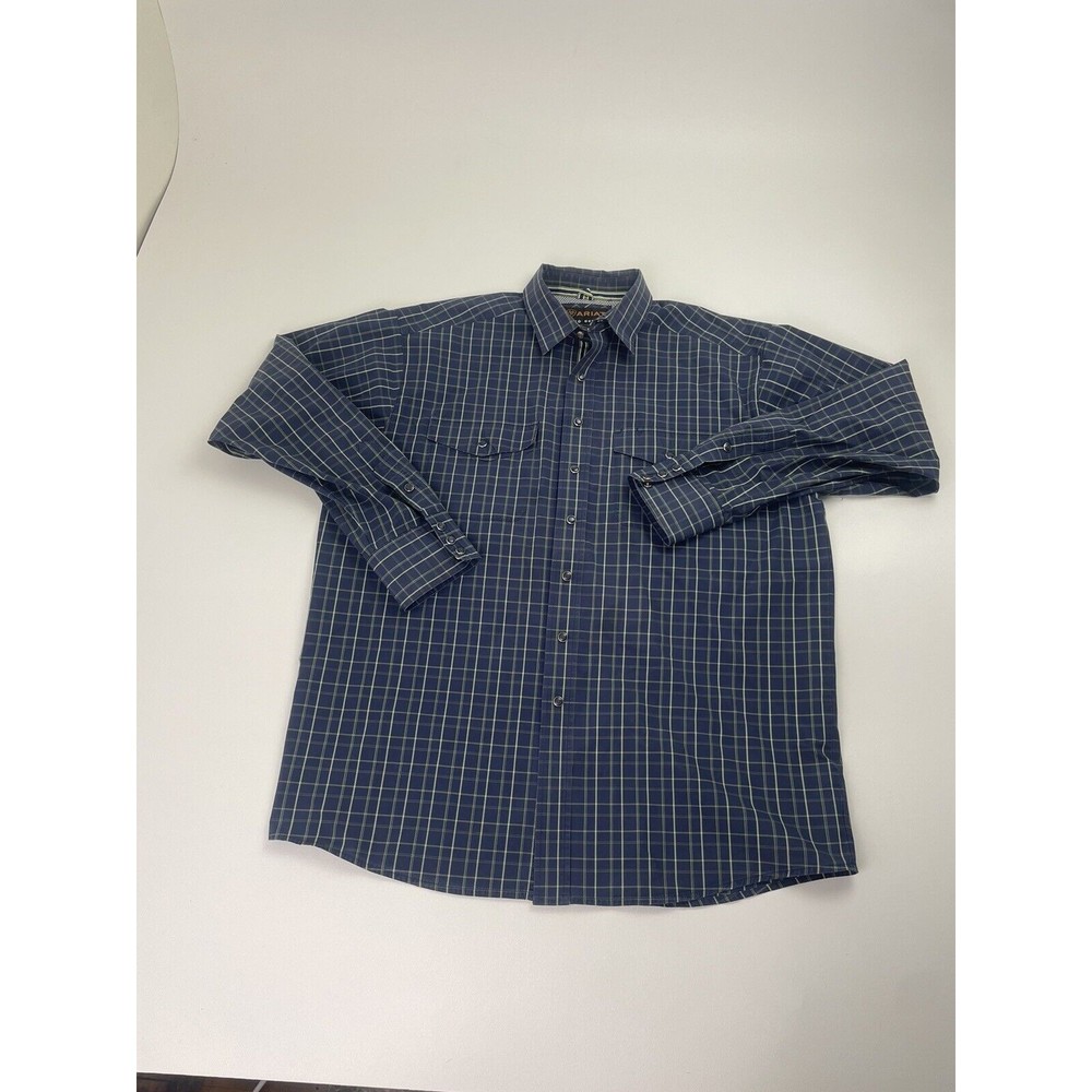 Ariat Pro Series Shirt Mens Large Blue Plaid Pearl Snap Stretch Long Sleeve